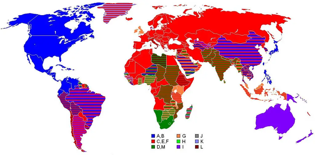 Map of different plugs and sockets in the world