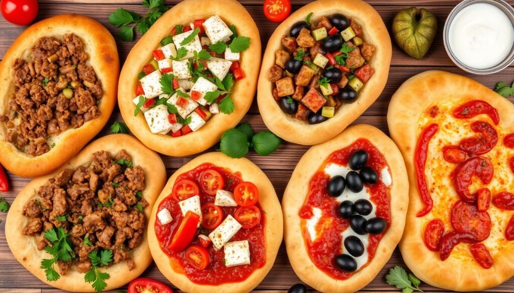 Variations of Turkish pide bread with different toppings