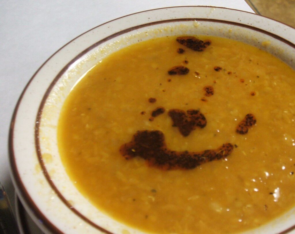 Ready-made Turkish lentil soup with olive oil and fresh lemon juice